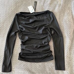 Black Ruched Long-Sleeve Boatneck Top